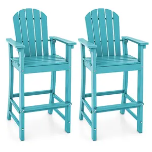 COSTWAY - Set of 2 Counter Height Outdoor HDPE Bar Stool with Armrests and Footrest-Turquoise