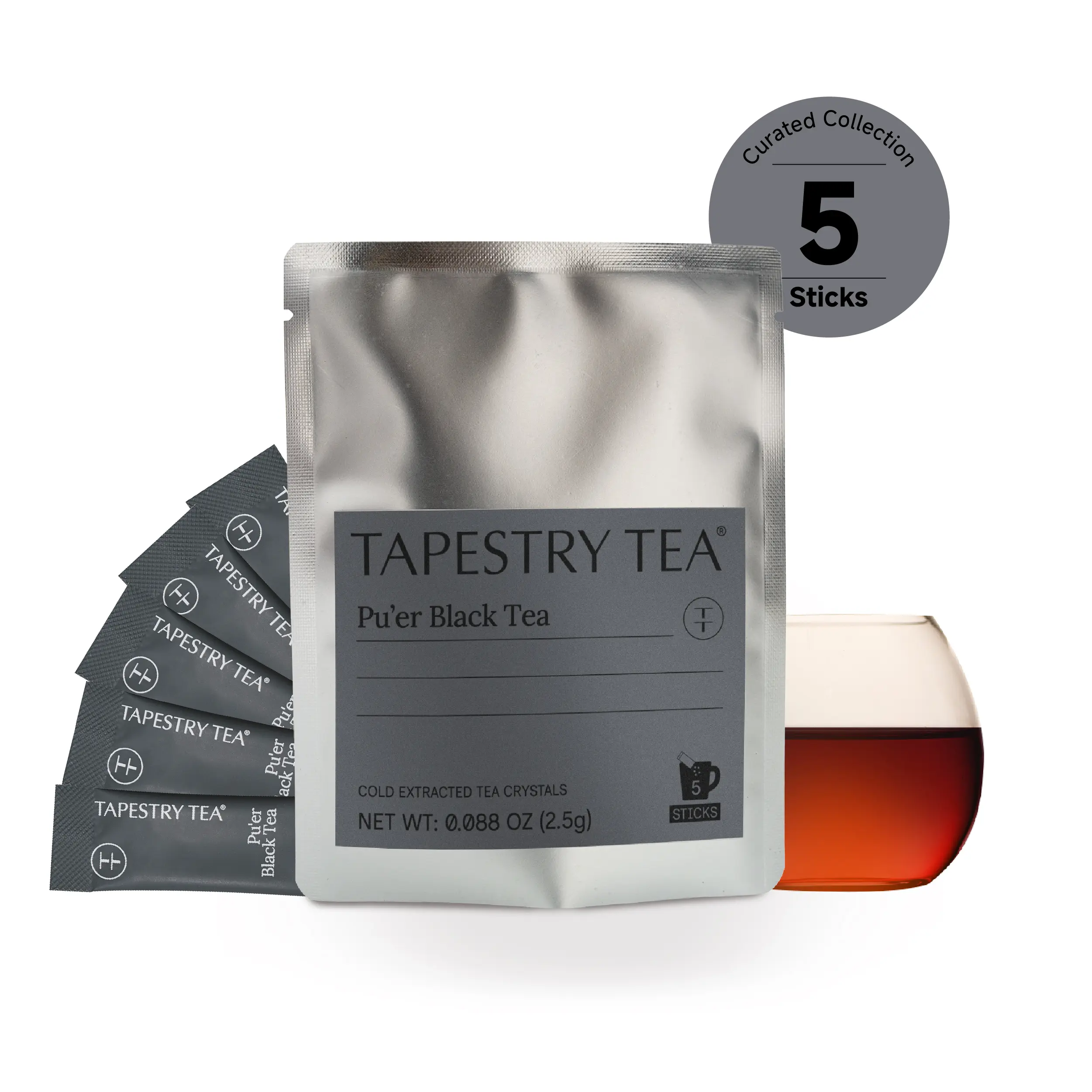 Tapestry Tea Premium Pu’er Black Tea Crystals Sampler Pack | 3-Second Balanced Energy | Cold Extracted Instant Tea Powder | Hot & Cold Brew | 5 Sticks