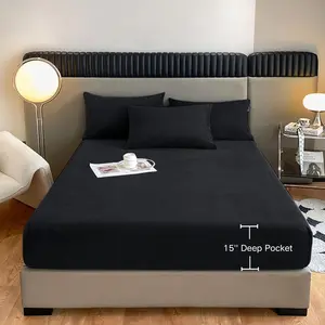 Velvet Sheet Queen Size,Plush Sheet Mattress Protector Cover with 15'' Deep Pocket Warm Fuzzy Bottom Sheet,Black (Not Include Pillowcases)