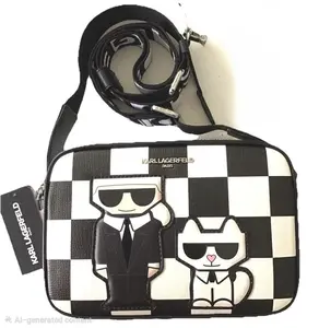 KARL LAGERFELD PARIS Maybelle Camera  Crossbody Bag Black White Check Combo NWT