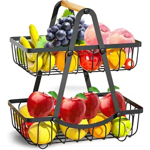 2 Tier Fruit Basket for Kitchen, Detachable Fruit Bowl for Kitchen Counter, Metal Fruit and Vegetable Storage Stand, Fruits Holder Vegetable Basket with Wood Handle, Bread and Snack Organizer
