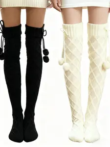 Women's Rhombus Pattern Thigh High Warm Soft Comfy Socks with Balls, Casual Fitted Design for Fall Winter, Cozy Knit Stocking
