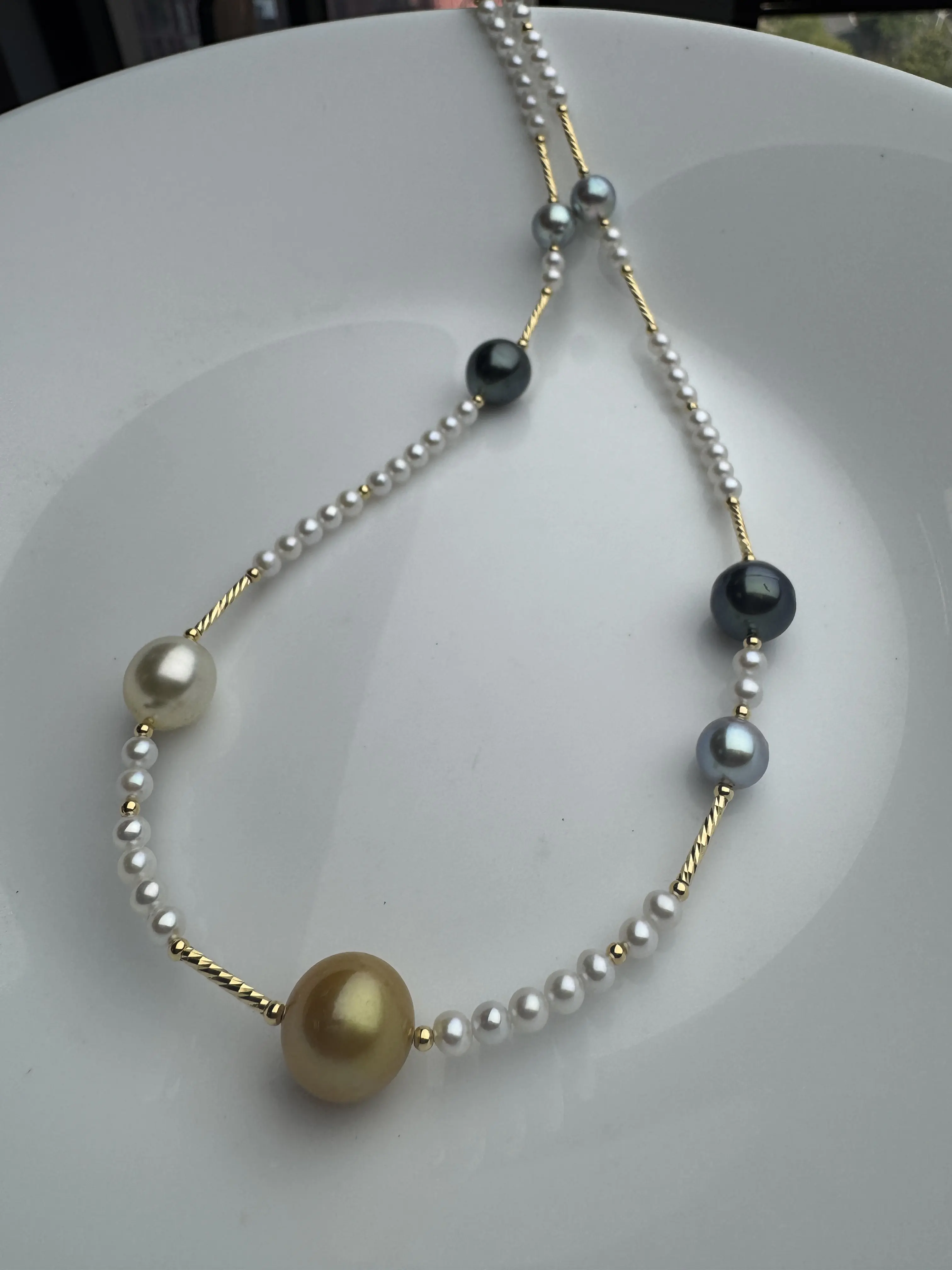 mx0004 Multi-Color Mix Pearl Necklace - Golden, Black, Grey Pearls, Beaded Chain