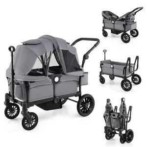 Wagon Stroller For 2 Kids Push Pull Double Stroller W/ Adjustable Handle