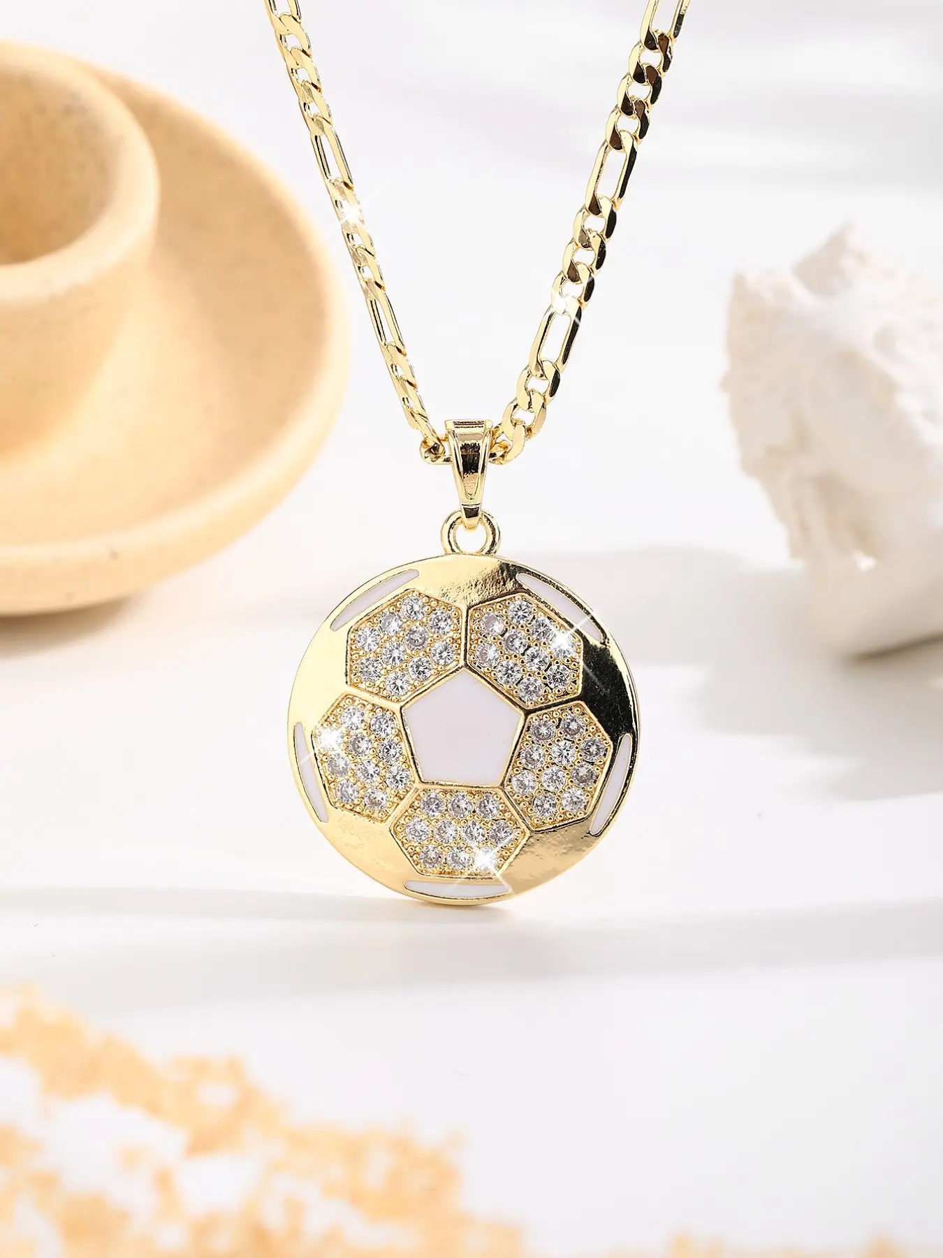 Fashion Luxury Large Round Flat Football Exquisite Trendy Pendant Necklace Chain, Copper Plated 14k Sports Jewelry, Gift for Boyfriend Girlfriend, Pendant With Necklace