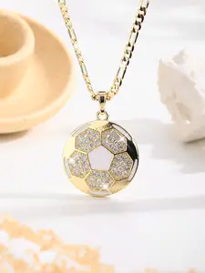 Fashion Luxury Large Round Flat Football Pendant Necklace, Copper Plated 14k Sports Jewelry, Gift for Boyfriend Girlfriend