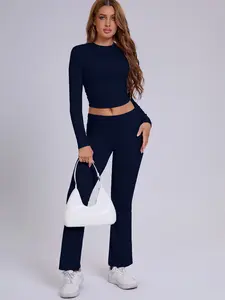 Two-Piece Set Women's Solid Color Long Sleeve Crop Tee & Flare Leg Pants, Casual Fashion Cozy Round Neck Top & Bell Bottom Trousers for Daily Outdoor Wear, Women's Clothing for Fall & Winter