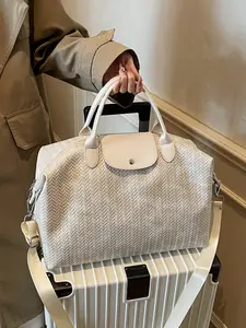 2026 New Fashion Leather Short Trip Bag, Large Capacity Woven Texture Plain Handbag, French Vintage Shoulder Bag for Men and Women