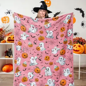 Eyesoul Pink Halloween Throw Blanket 50"x60", Cute Ghost Blanket for Girls Kids Soft Flannel Fleece Halloween Blankets and Throws Decor