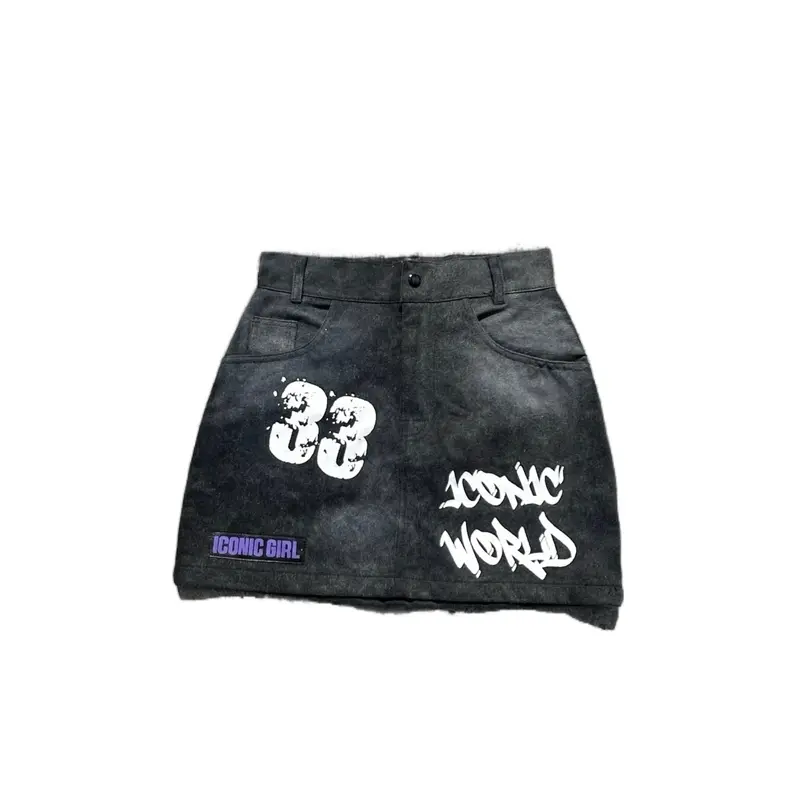Iconic Graphic Skirt - Black Denim with White & Purple Graphics - Iconic World & Iconic Girl Design - Trendy Fashion