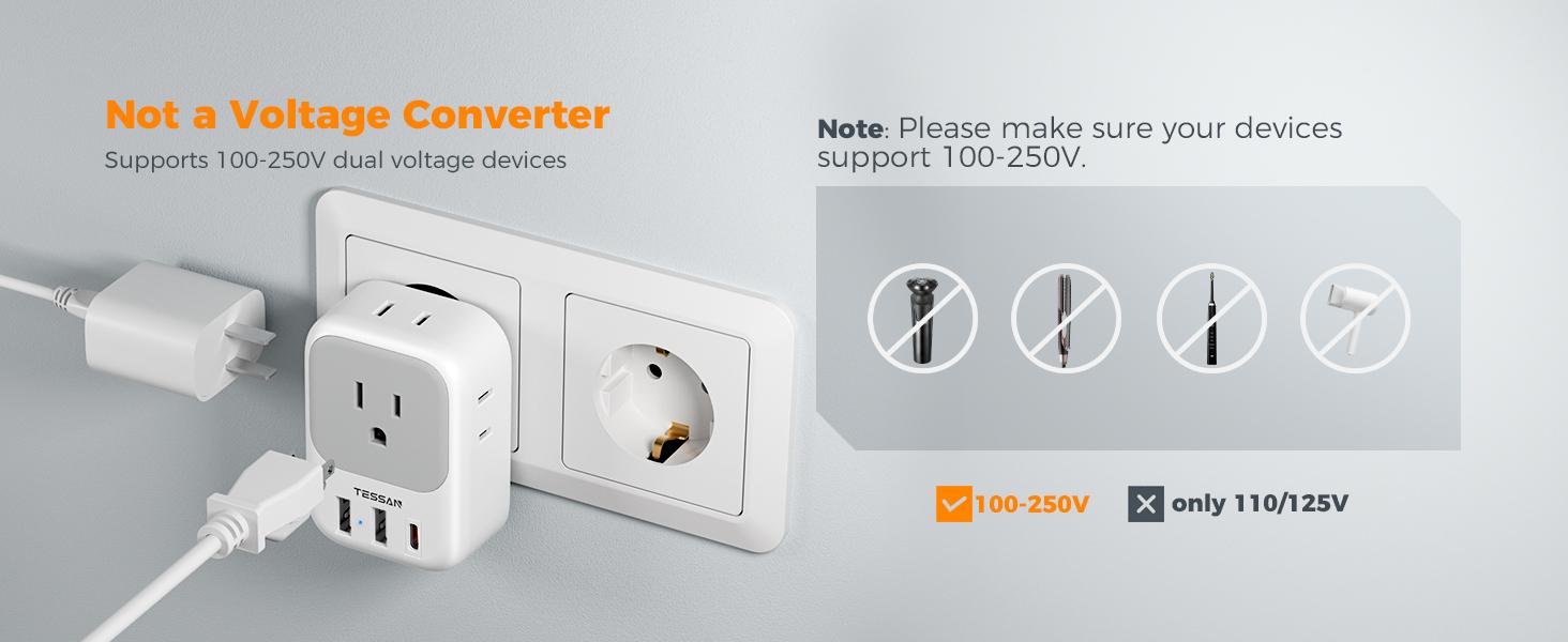 TESSAN Rectangle Universal Socket Travel Plug Adapter - Multiple Outlet Wall Plug, 4 AC Outlets, 3 USB Ports (1 USB-C), 100-250V, for Europe, UK, Australia