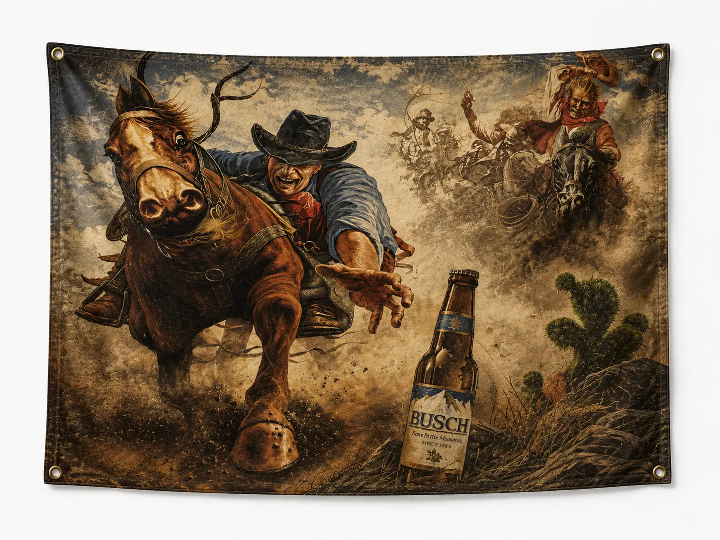 Vintage Busch Beer Cowboy Flag 3x5 Ft, Western Rodeo Wall Banner, Rustic Man Cave Bar Garage Decor, Polyester Flag