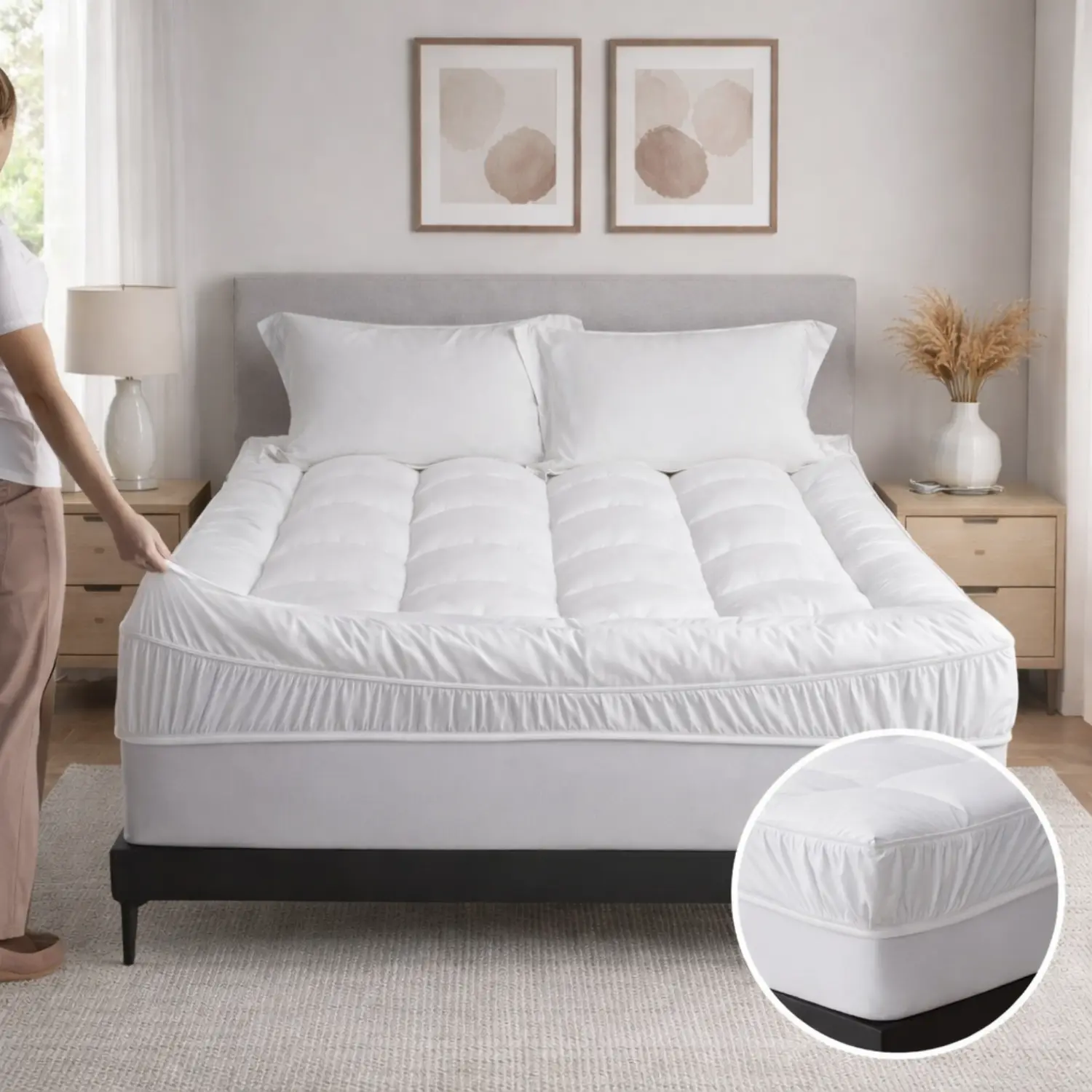 Extra Fluffy Queen Size Pillow Top Mattress Pad – Quilted Cotton Cooling Mattress Topper with Deep Pocket Stretch Skirt, Fitted Mattress Protector, Stretches to Fit 8–21 Inch Deep Mattresses, Soft, Breathable & No Slip