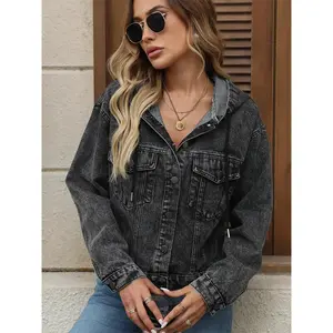 Vintage Black Hooded Denim Jacket For Women. It Features Classic Black-gray Denim Fabric, A Retro, Casual And Loose Fit, And A Hood With Drawstrings, Suitable For Spring, Autumn And Winter.