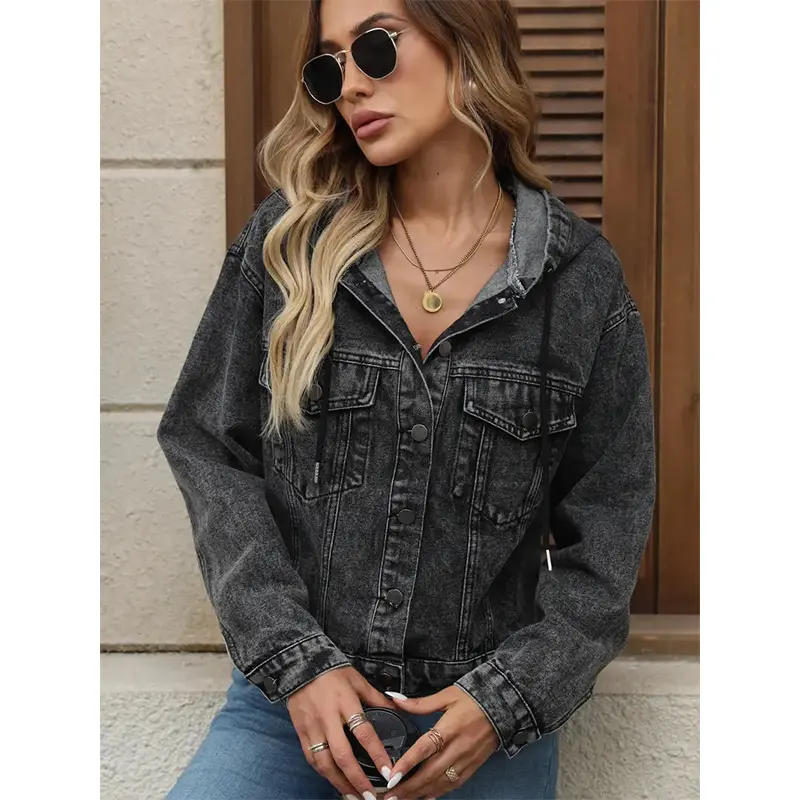 Women's Vintage Hooded Denim Jacket - Long Sleeve Button-Up, Loose Soft Casual Street Wear Tops & Coats, Distressed Minimalist Retro Apparel for All Black Fits