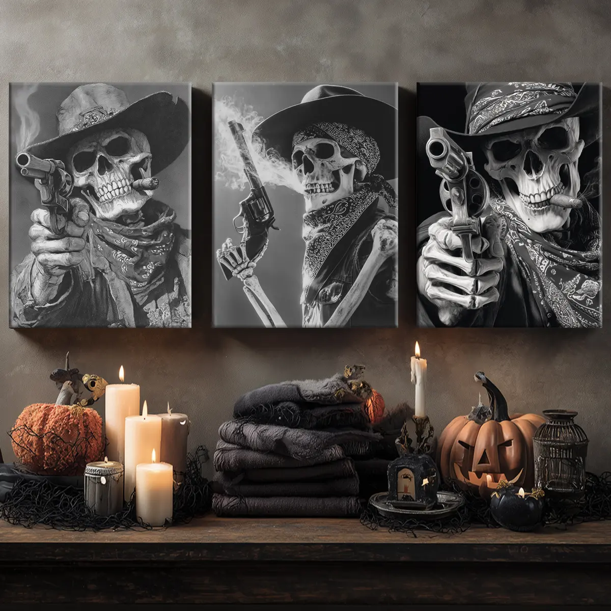 3 Counts Wooden Framed Canvas, Smoking Skull Poster, Retro Halloween Skeleton, Halloween Decorations, Decoration Items, Living Room And Bedroom Hanging Paintings, Party Horror Poster, Gifts, Vintage Wall Art, Home Decor Products