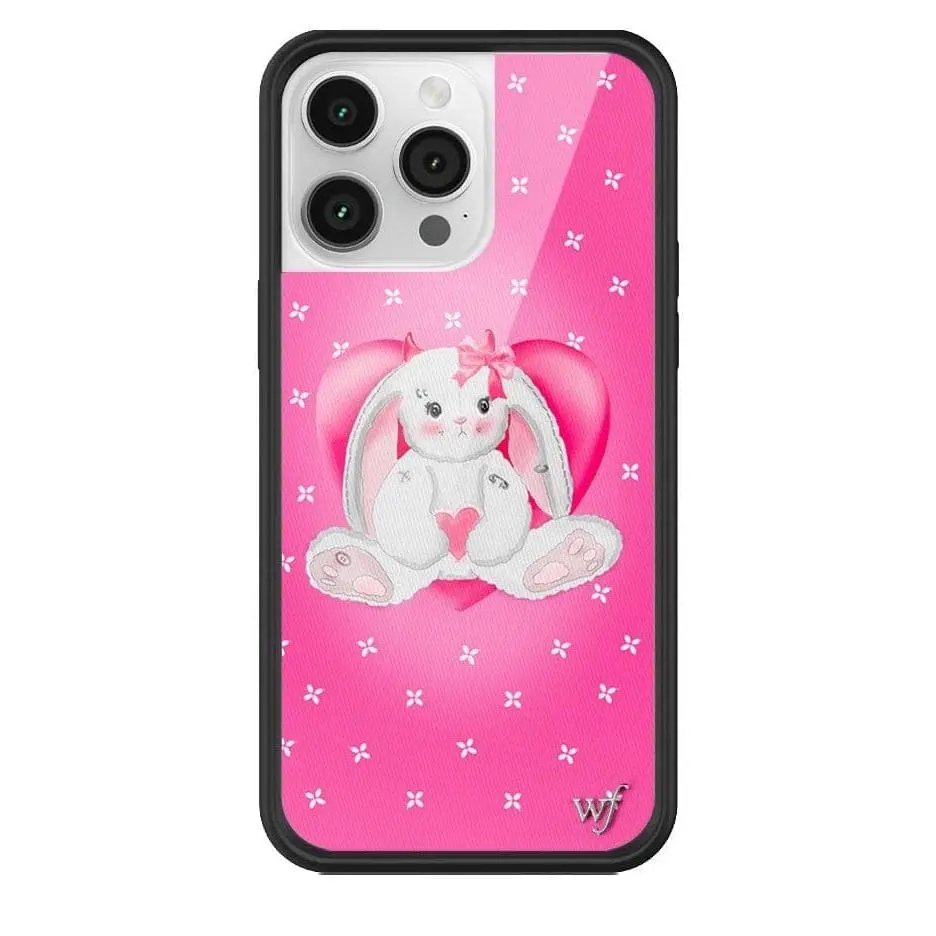 Be My Bunny | Limited Edition Trendy Collab iPhone Case | Raised Protective Black Bumper | Women Owned Small Business | Bright Pink Magenta Background White Flowers Cute Bunny Hearts | Safety Casing Protective | Gift for Her