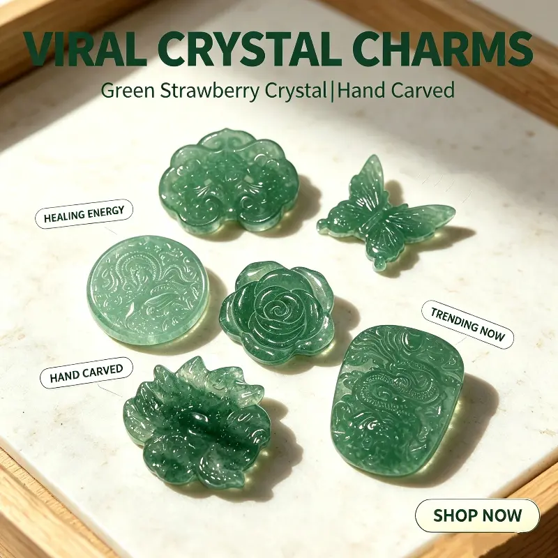 Natural Green Strawberry Quartz Handmade Carved Charm, Heart Chakra Stone for Peace, Joy and Positive Energy, DIY Jewelry Accessory Gift