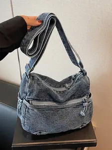 Retro multi-pocket lightweight crossbody cloth bag, wear-resistant casual shoulder bag, Denim shoulder satchel, suitable for commuting, daily matching and other scenarios, Casual Crossbody Bags