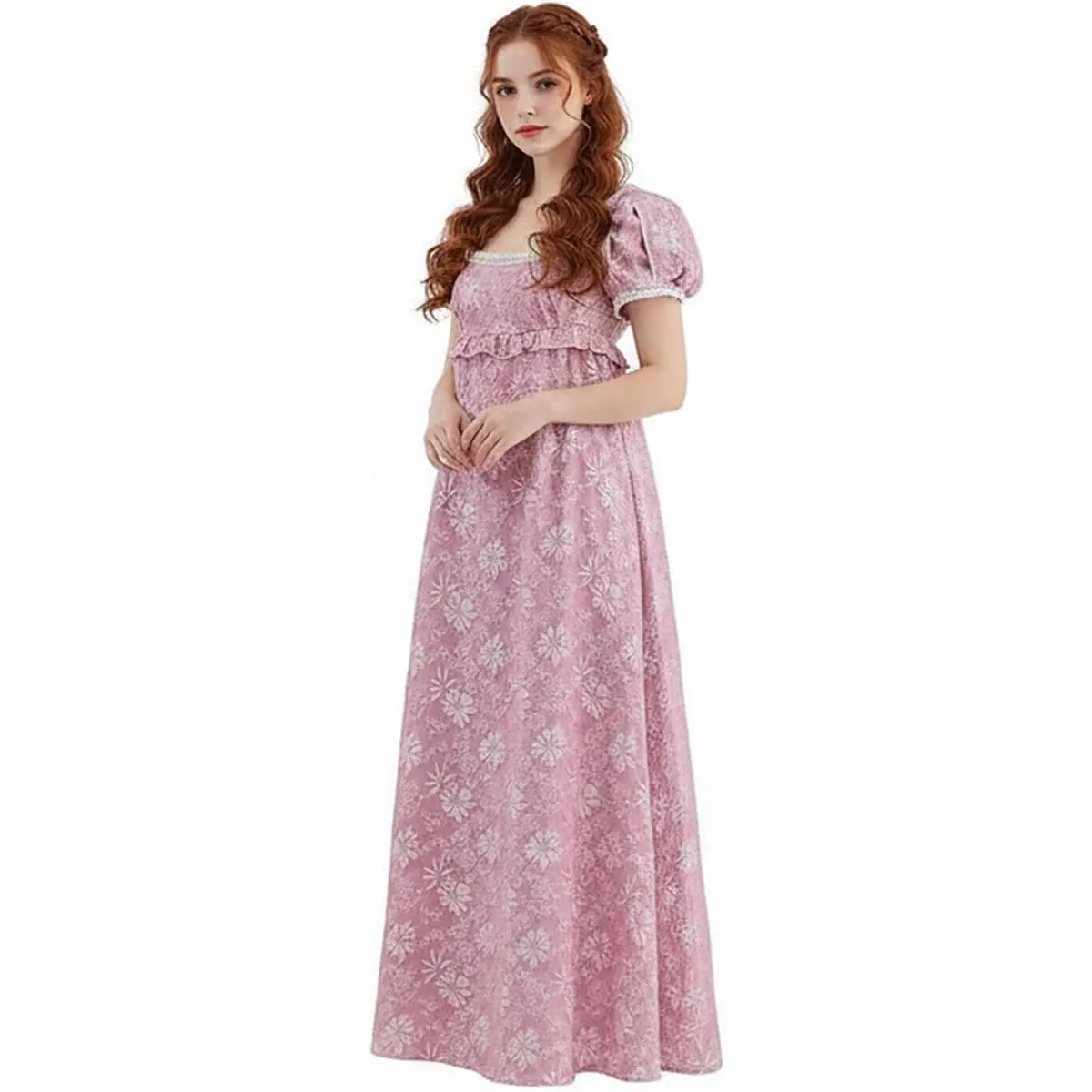 Women‘s Regency Dress Empire Waist Victorian Pearl Puff Sleeve Floral Gown