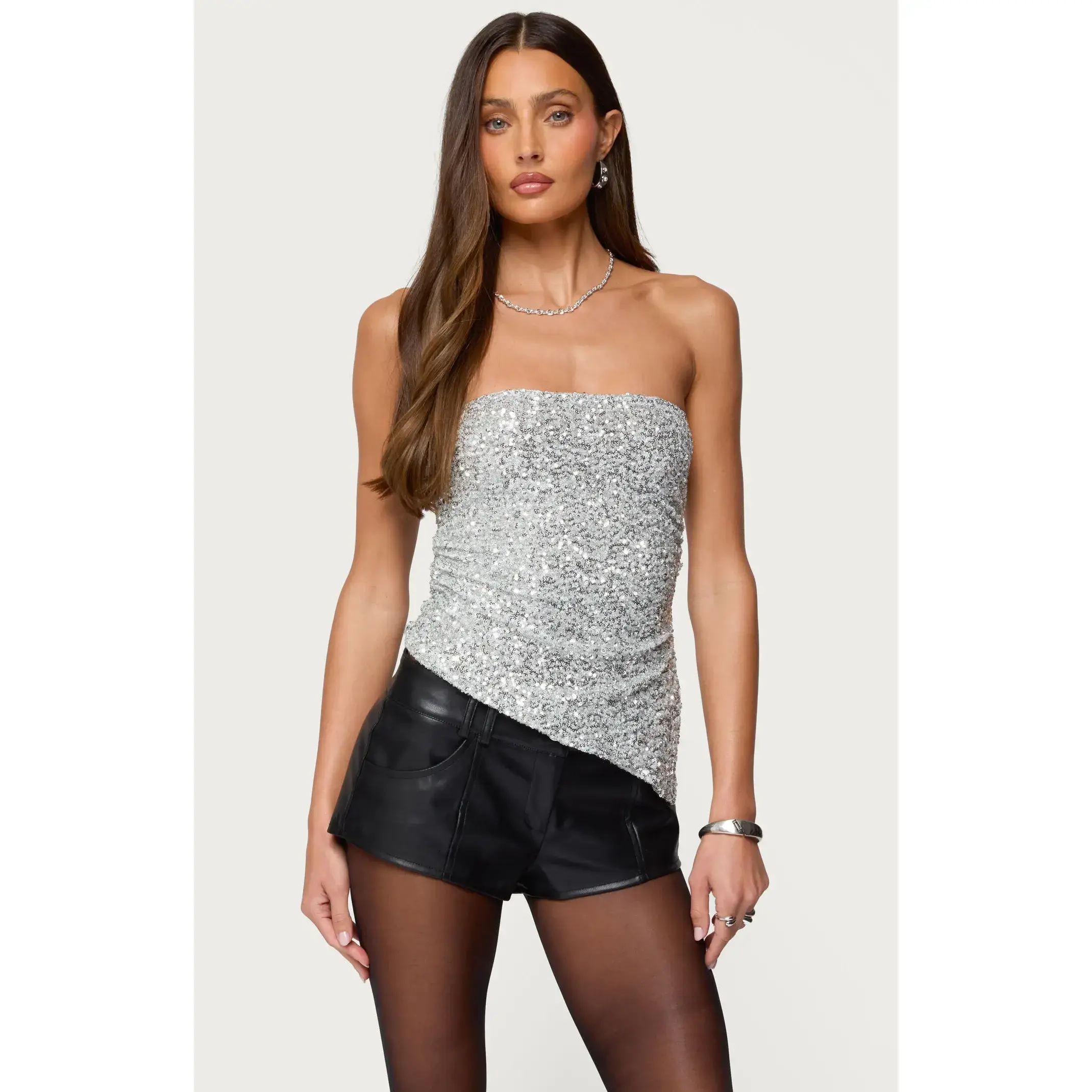 Edikted Women's Sequin Asymmetric Slit Strapless Top