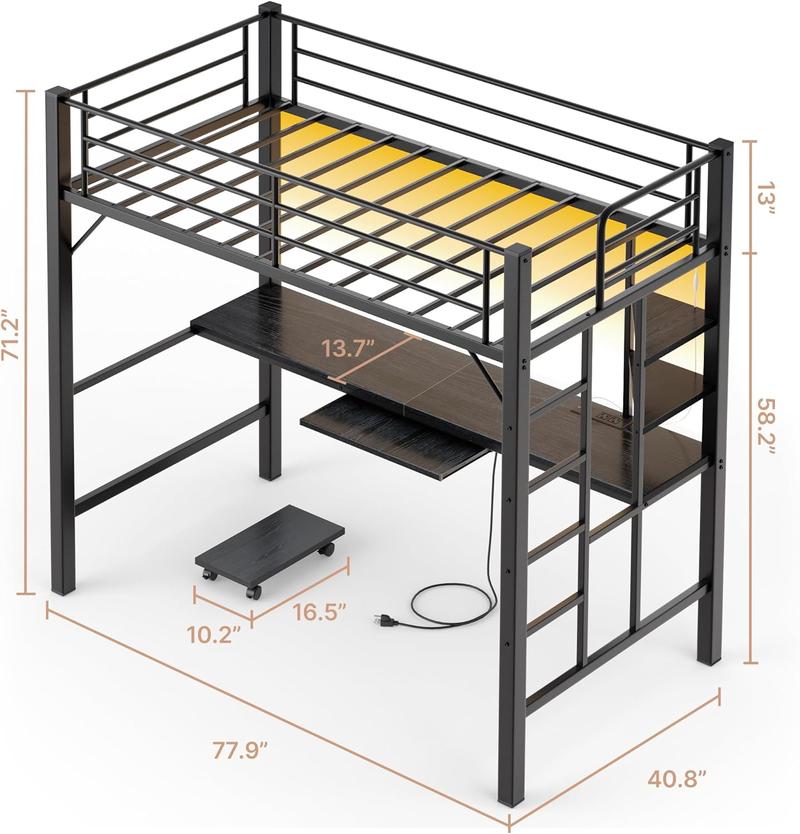Gizoon Loft Bed Twin Size with Desk & LED Lights Heavy Duty Metal Frame Storage Shelves No Box Spring Needed Brown lead rgb light Gizoon Loft Bed Twin Size with Desk & LED Lights Heavy Duty Metal Frame Storage Shelves No Box Spring Needed Brown lead rgb light