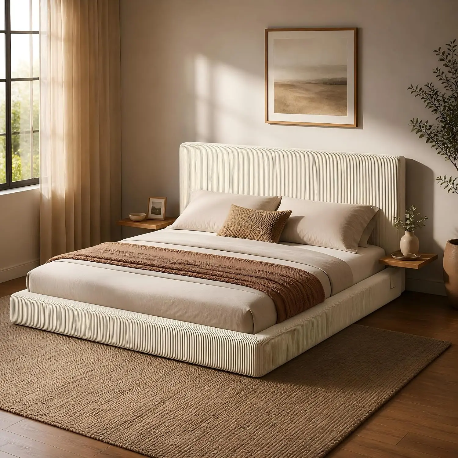 Upholstered Queen Size Bed Frame with Corduroy Headboard & Sliding Side Table,Low-Profile Cloud Queen Size Platform Bed,360° Soft Foam Surround,Heavy duty Metal Slats,Easy Assembly,Cream White