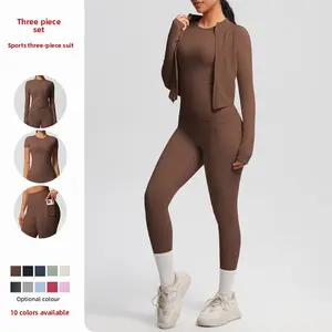 New model cloud-feel brushed short-sleeve sports zip-up jacket casual running butt-lifting yoga outfit three-piece set for women