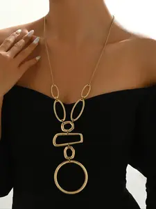 Elegant Women's Geometric Hollow Out Long Necklace, Fashionable Rectangular Patchwork Sweater Chain, Stylish Jewelry Accessory, Daily Wear Necklace, Goddess Necklace, Trendy Jewelry