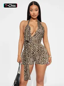 Women's V-Neck Leopard Print Halter Backless Sleeveless Fitted Romper, Trendy Animal Print Design Outfit, Perfect for Dates and Vacations