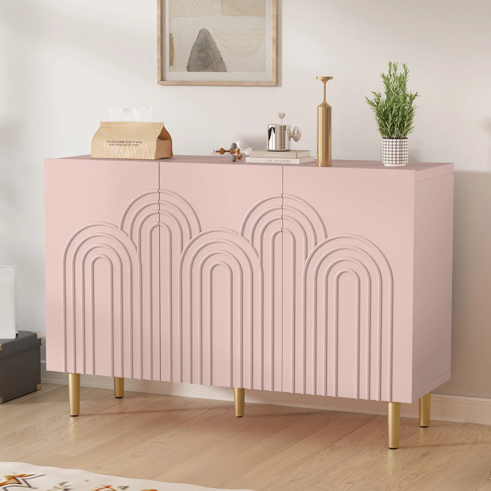 Pink Modern 3 - Door Sideboard Cabinet with Cloud Relief, Handleless Storage Unit for Entryway, Living Room, Dining Room | Perfect for Home Decor Enthusiasts, Adds Chic Vibe & Offers Ample Storage, Trendy, Mid - Century Modern, Home Essential summerwins