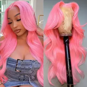 Pink 30 Inch Lace Front Wig Human Hair 13x4 Pink Wig Human Hair Body Wave Hd Lace Frontal Wig 200 Density Colored Human Hair Wigs Glueless Wigs Human Hair Pre Plucked