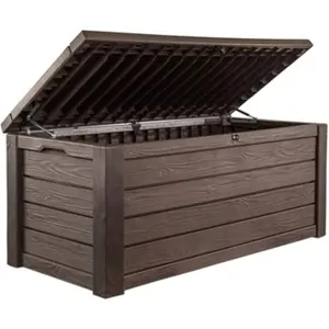 Outdoor Storage Deck Box, 150 Gallon Resin Patio Bin & Bench, Wood Grain, Brown