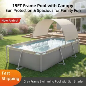 15ft; Kamakura Grey Swimming Pool with Sunshade; Large filter bracket swimming pool; Adult swimming pool, family swimming pool; It can accommodate 10 people at the same time, suitable for yard parties, summer outdoor gatherings;