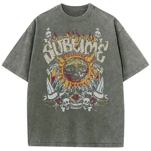 Sunland Oversized Acid Washed Sun Pattern T-Shirt Men's & Women's Graphic Tee Casual Short Sleeve DTG Printed Breathable Top
