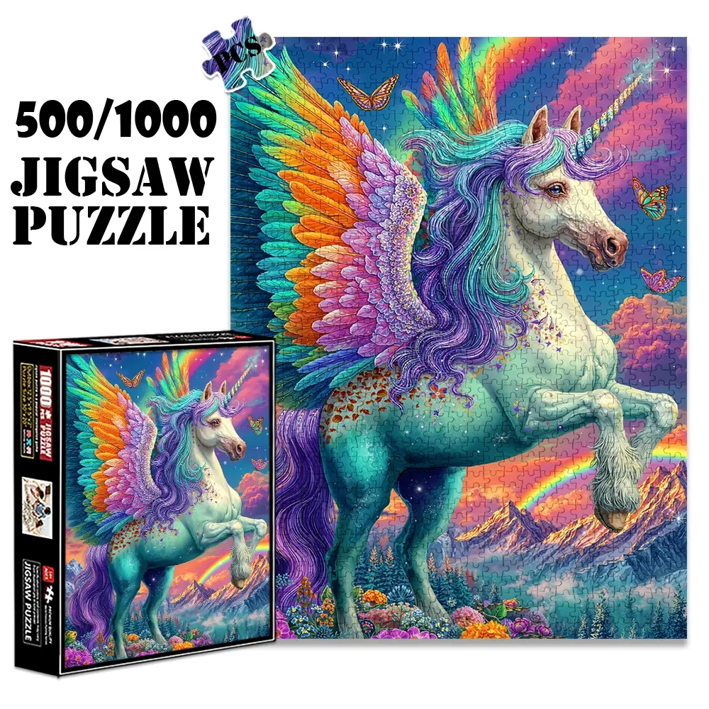 1pc 1000 piece adult puzzle 70x50cm Fantasy Winged Unicorn with Rainbow and Butterflies 500 pieces paper jigsaw puzzle suitable for DIY creative games for adults and families, birthday and holiday st