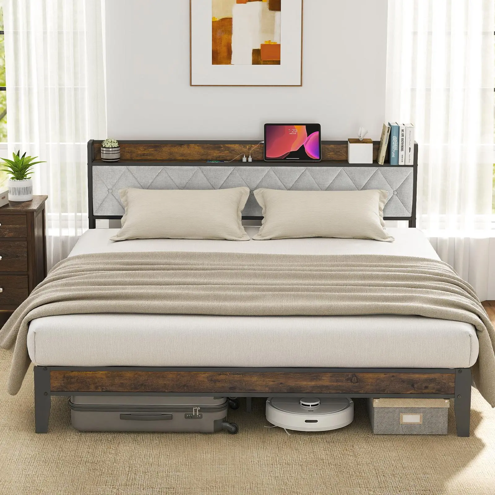 Sweetcrispy Full Size Wooden Bed Frame with Headboard, Underbed Storage, Built-in Charging Ports, Sturdy Noiseless Structure, Tool-Free Assembly, No Box Spring Needed, Full Size Bed