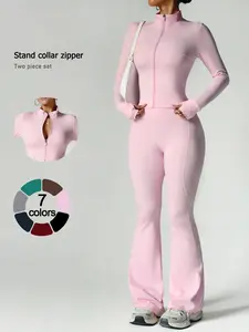 Two piece set women's loungewear set with long-sleeve zip-up jacket and wide-leg pants suitable for outings vacations airport travel Comfortable casual stylish pajama set for women with long sleeves and long pants