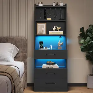 VIAGDO Tall Black Modern LED Bedside Table with Charging Station, 3 Drawers, Bookshelf & Storage Shelves, Furniture for Bedrooms Dorms, Room Decor & Bedroom Inspo End Side Table