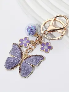 Elegant Flower Rhinestone Butterfly Keychain, Oil-Drop Alloy Design, Perfect for Bags & Gifts, All-Season Accessory