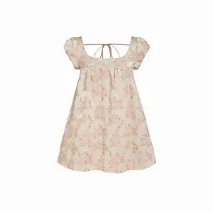 Cider Floral Embroidery Puff Sleeve Tie Back Oversized Babydoll Mini Dress