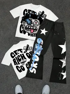 Men's Street Style Graphic Tee Set, Cartoon Pattern T-Shirt & Skull Star Flare Pants Two-Piece, Casual Loose Fit Daily Wear