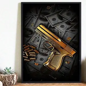 1pc/Set Gun And Money Motive Canvas Wall Art |   Motivational Handgun And Dollar Inspirational Poster |   Framed  Decorative Canvas Print For Living Room And Bedroom Canvas Painting Holiday & Birthday Gift