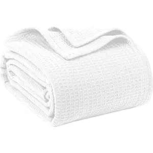 100% Cotton Blankets for Bed - Waffle Weave Blankets for Summer, Lightweight and Breathable Soft Woven Blanket for Spring (White, Queen (90" x 90"))