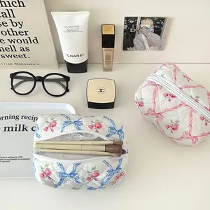 LAKSMI 3Pcs Cotton Quilted Floral Makeup Bag, Large Travel Portable Cosmetic Bags Set, Cute Makeup Pouch, Floral Storage Organizer