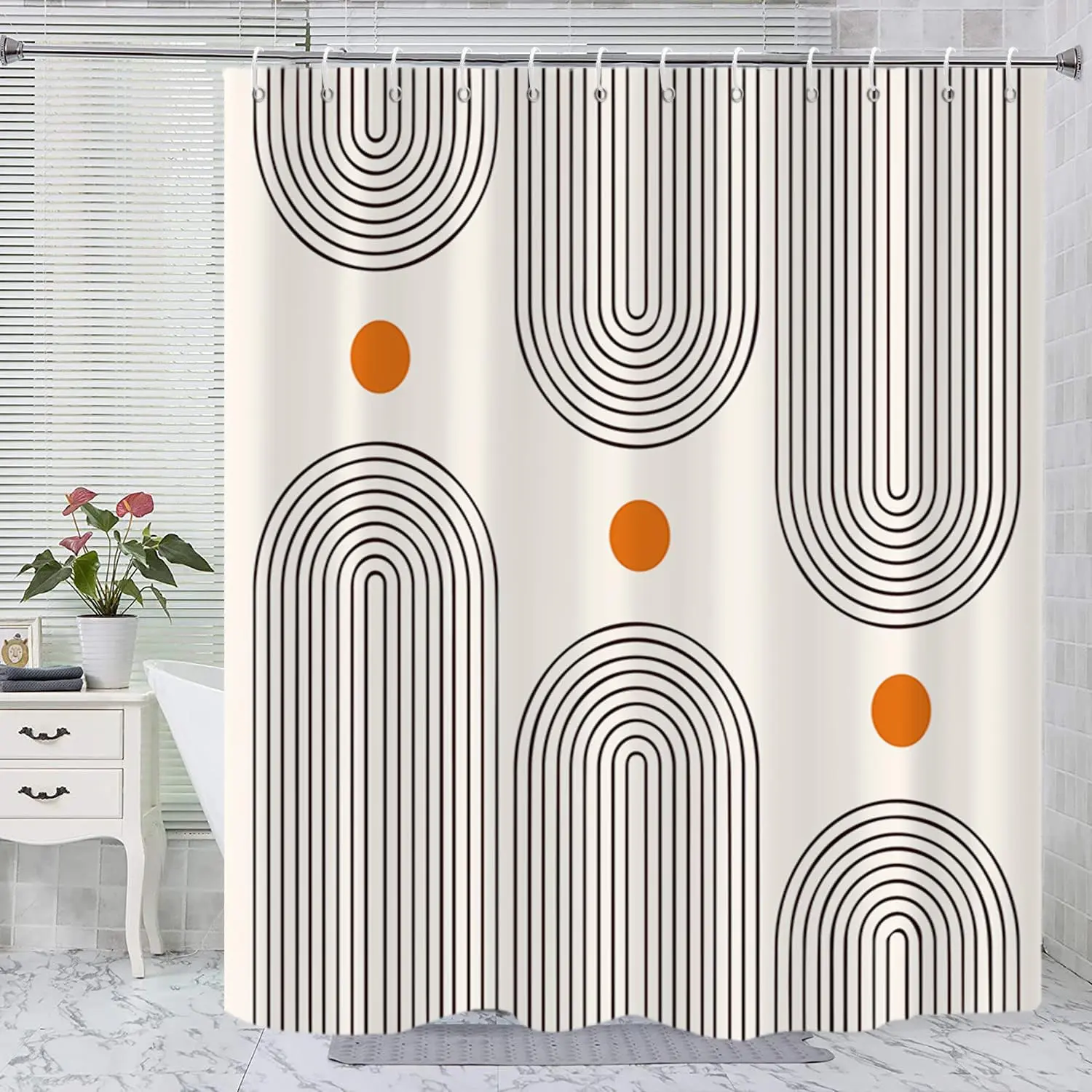 Boho Mid Century Shower Curtain, Minimalist Abstract Arch Simple Sun Modern Machine Washable Waterproof for Bathroom Decor Bathtub with Hooks 72x72 inch