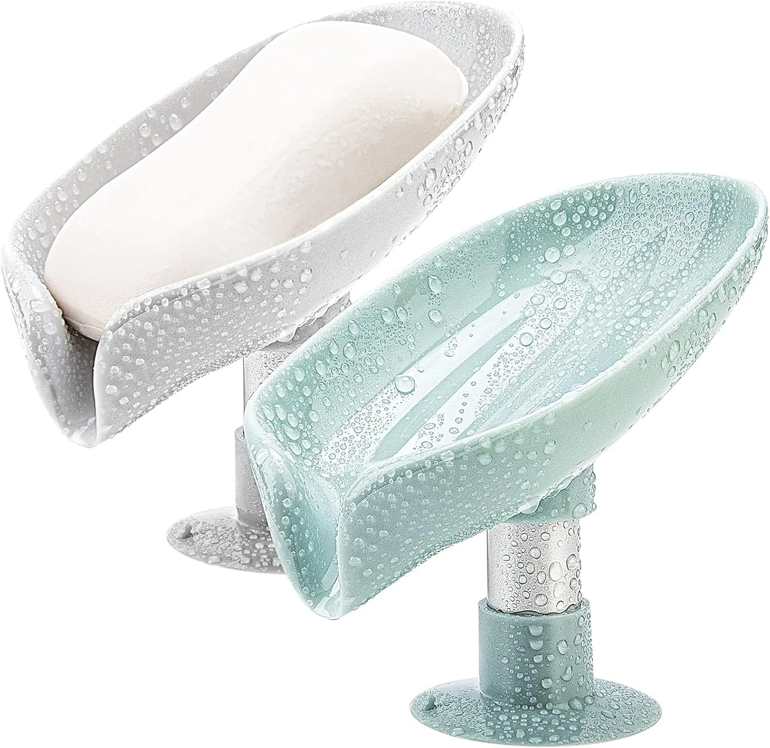 2 Pack Leaf Shape Soap Holder – Self-Draining Soap Dish with Suction Cup, Easy Clean Bar Soap Holder for Shower, Bathroom & Kitchen Sink (Grey + Green)