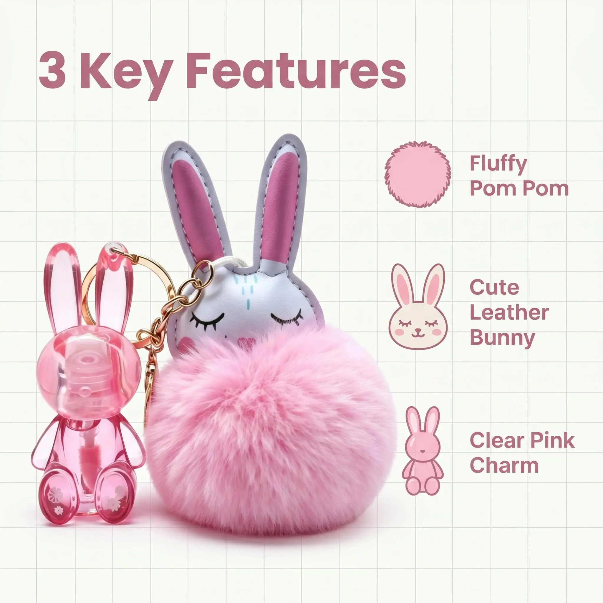 Fluffy Bunny Pom Pom Lip Gloss Keychain, 3-Color Moisturizing Lip Gloss,Fabric Bag Charm for Purses & Backpacks - Casual Makeup Accessory for Adults & Teen Girls, Birthday Gift, Long-lasting Plump Lip Balm Oil, Perfect Christmas Gift Lipstick Cosmetic