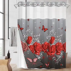 1pc hookless shower curtain with buckle lining, Shower Curtain Liner, spring red rose butterfly silver star design print, fabric waterproof lining with see-through window double layer, 71 x 74 inches, home decor