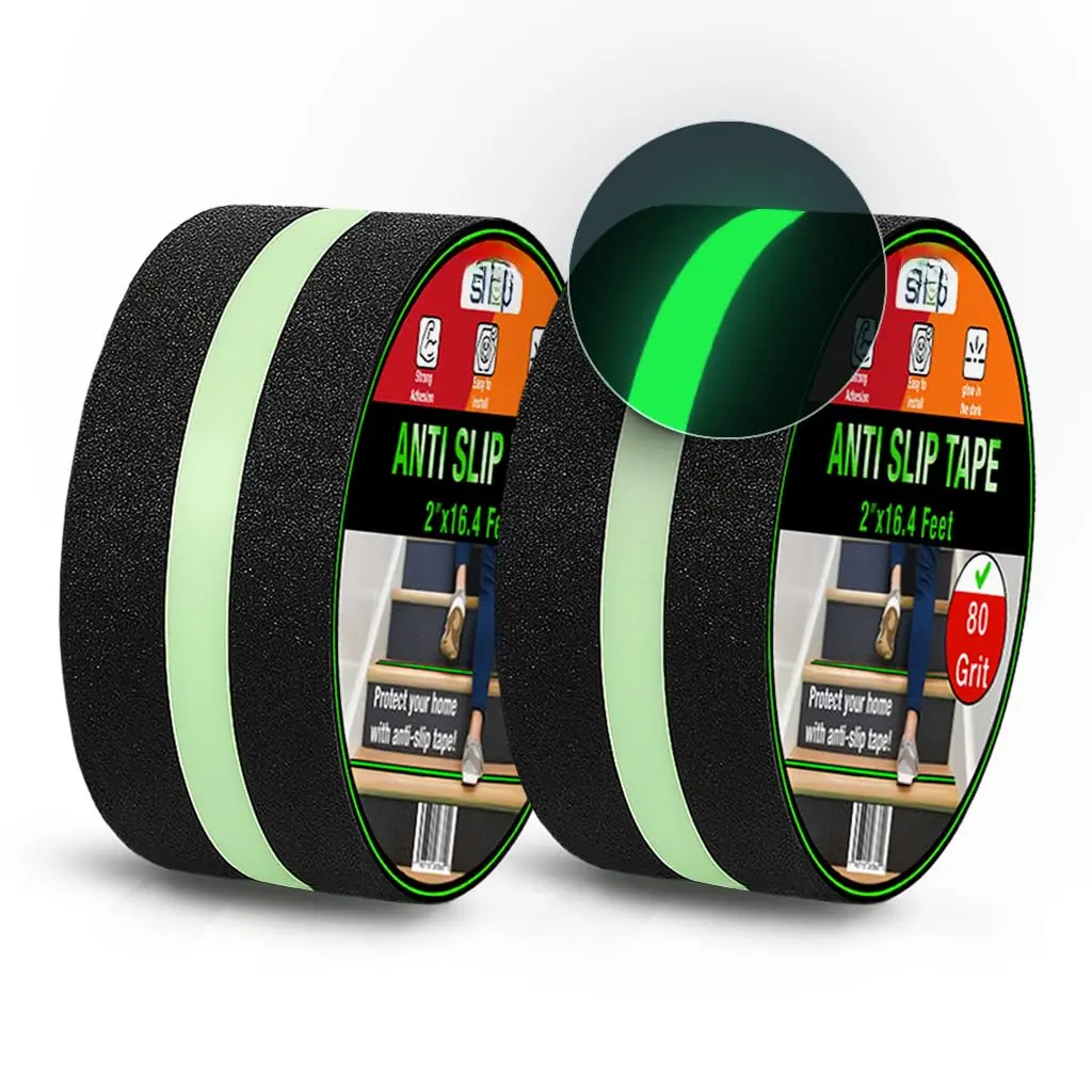Glow in The Dark Anti Slip Tape for Stairs 2 Pack Safety Grip Strips 2in x 16.4ft Waterproof Non Skid Traction Tape for Indoor & Outdoor Steps Black with Bright Green Walk Caution Tape